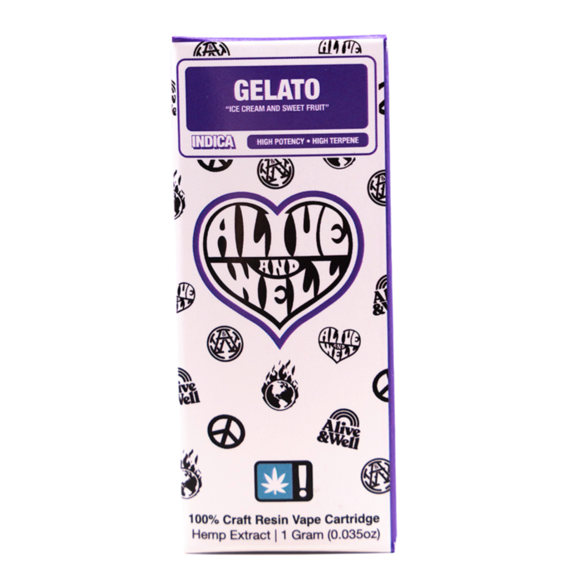 Alive and Well THCA Live Resin 510 Vape Cart - 1 Gram Indica - Gelato