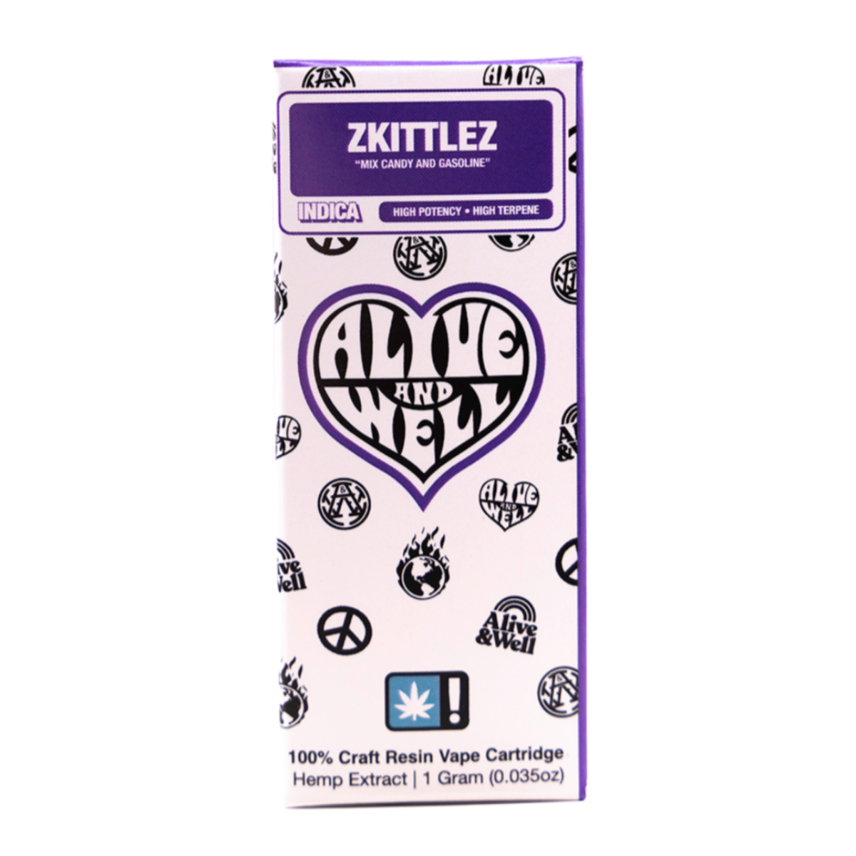 Alive and Well THCA Live Resin 510 Vape Cart - 1 Gram Indica - Zkittlez
