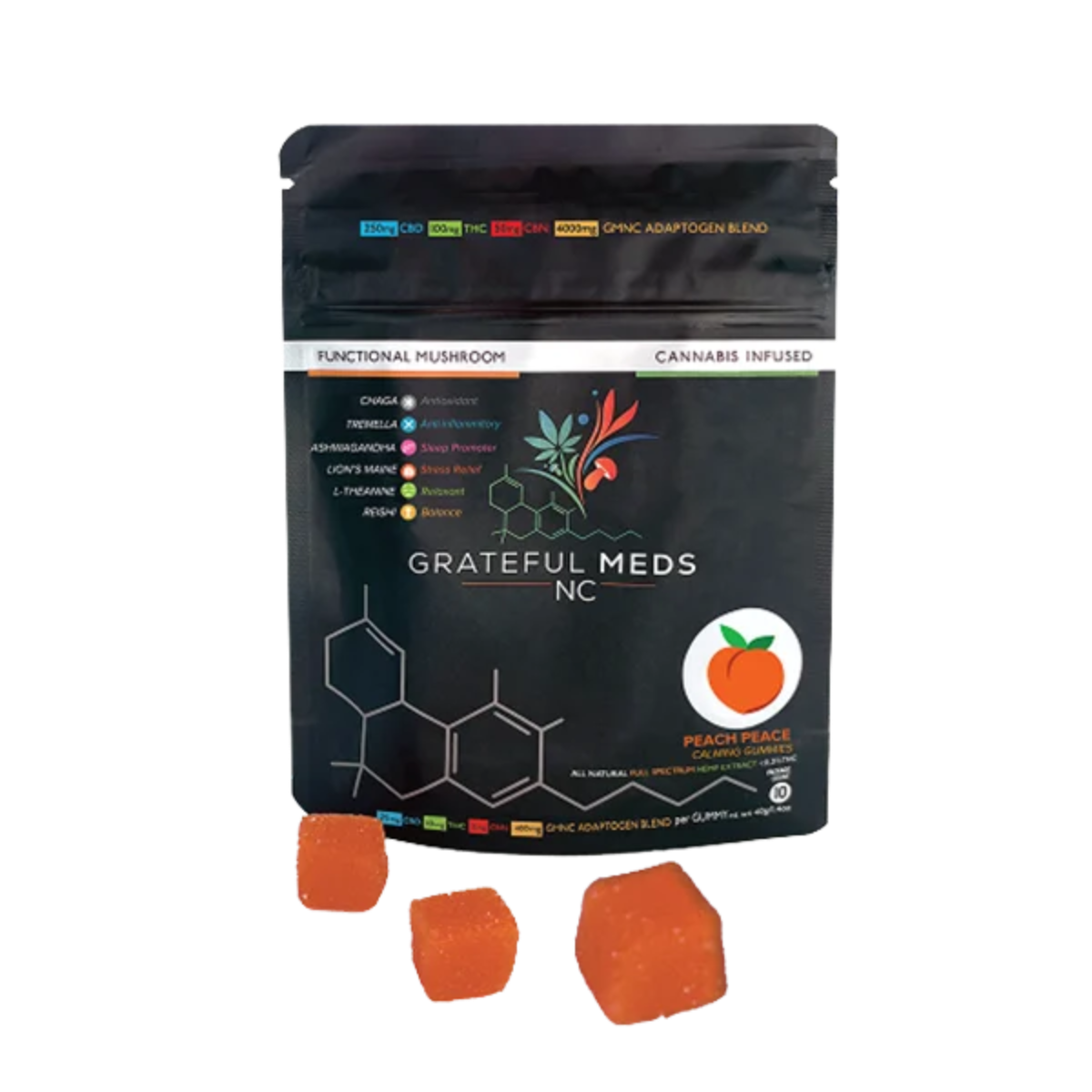 Grateful Meds NC - Functional Mushroom Blend Gummies + Delta 9 + CBN - Calming - Peace Peach