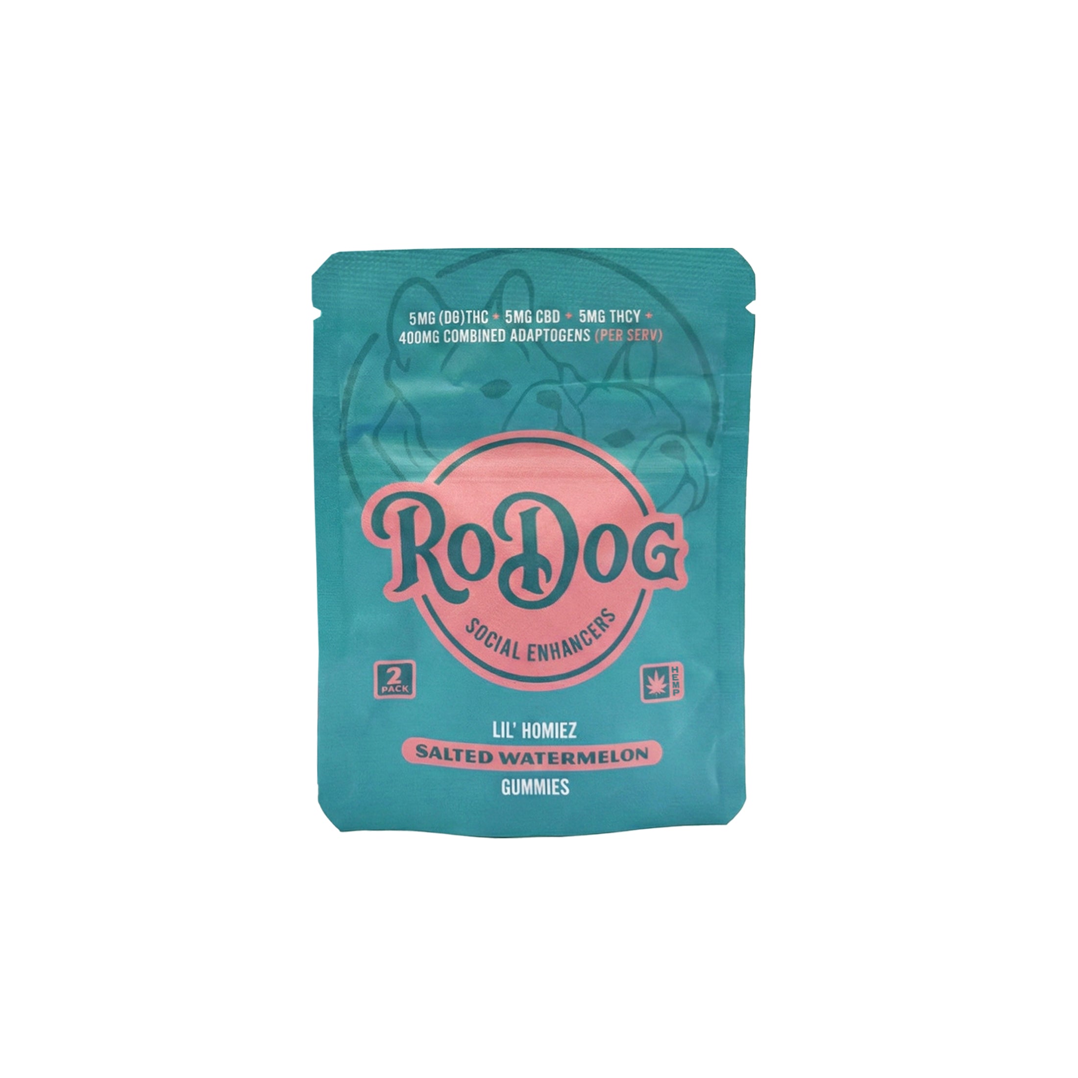 RoDog - lil Homiez Gummies - 5mg D9 THC + 5mg CBD + 5mg THCV + 400mg Combined Adaptogens - Salted Watermelon