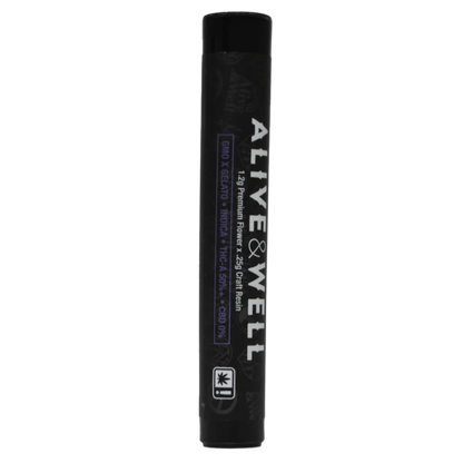 Alive and Well THCA Flower Live Resin Infused Pre Roll - 1.2g Premium Flower + .25 Craft Resin - Indica - GMO x Gelato