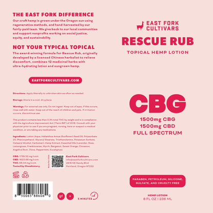 East Fork Cultivars - Rescue Rub Extra Strength Lotion - 1500mg CBG + 1500mg CBD - Full Spectrum
