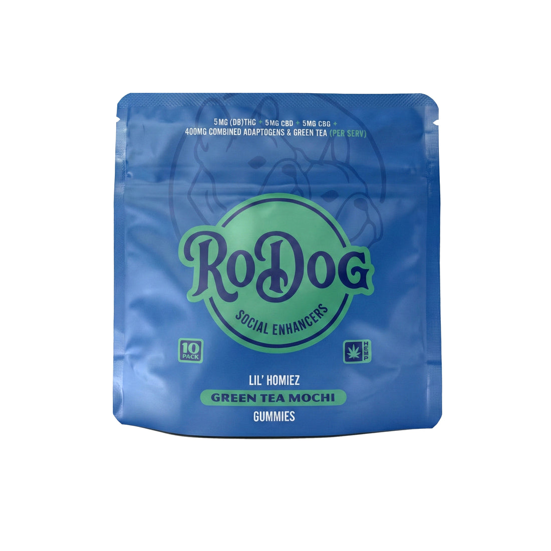 RoDog - lil Homiez Gummies - 5mg D9 THC + 5mg CBD + 5mg CBG + 400mg Combined Adaptogens - Green Tea Mochi
