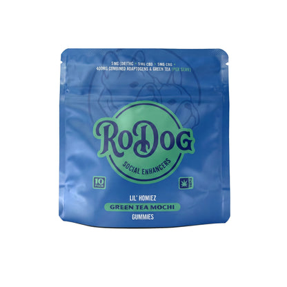 RoDog - lil Homiez Gummies - 5mg D9 THC + 5mg CBD + 5mg CBG + 400mg Combined Adaptogens - Green Tea Mochi