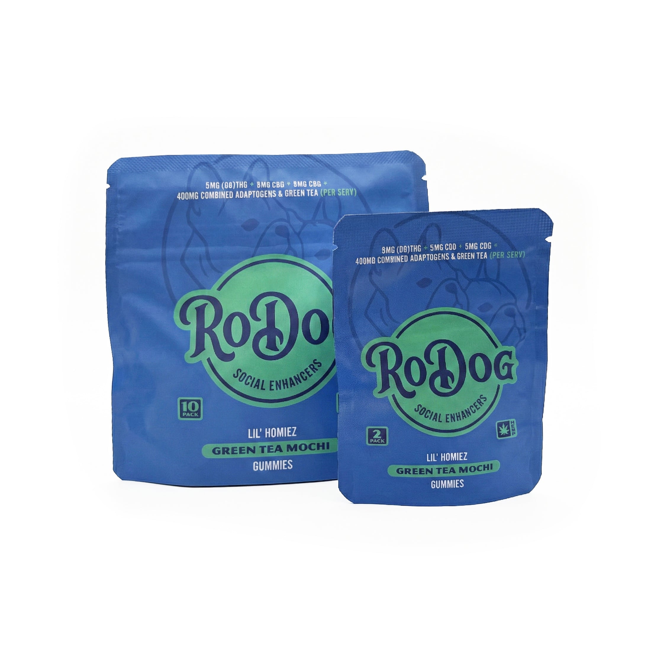 RoDog - lil Homiez Gummies - 5mg D9 THC + 5mg CBD + 5mg CBG + 400mg Combined Adaptogens - Green Tea Mochi
