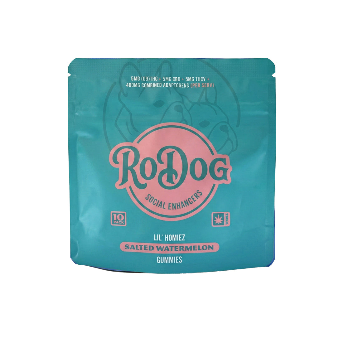 RoDog - lil Homiez Gummies - 5mg D9 THC + 5mg CBD + 5mg THCV + 400mg Combined Adaptogens - Salted Watermelon
