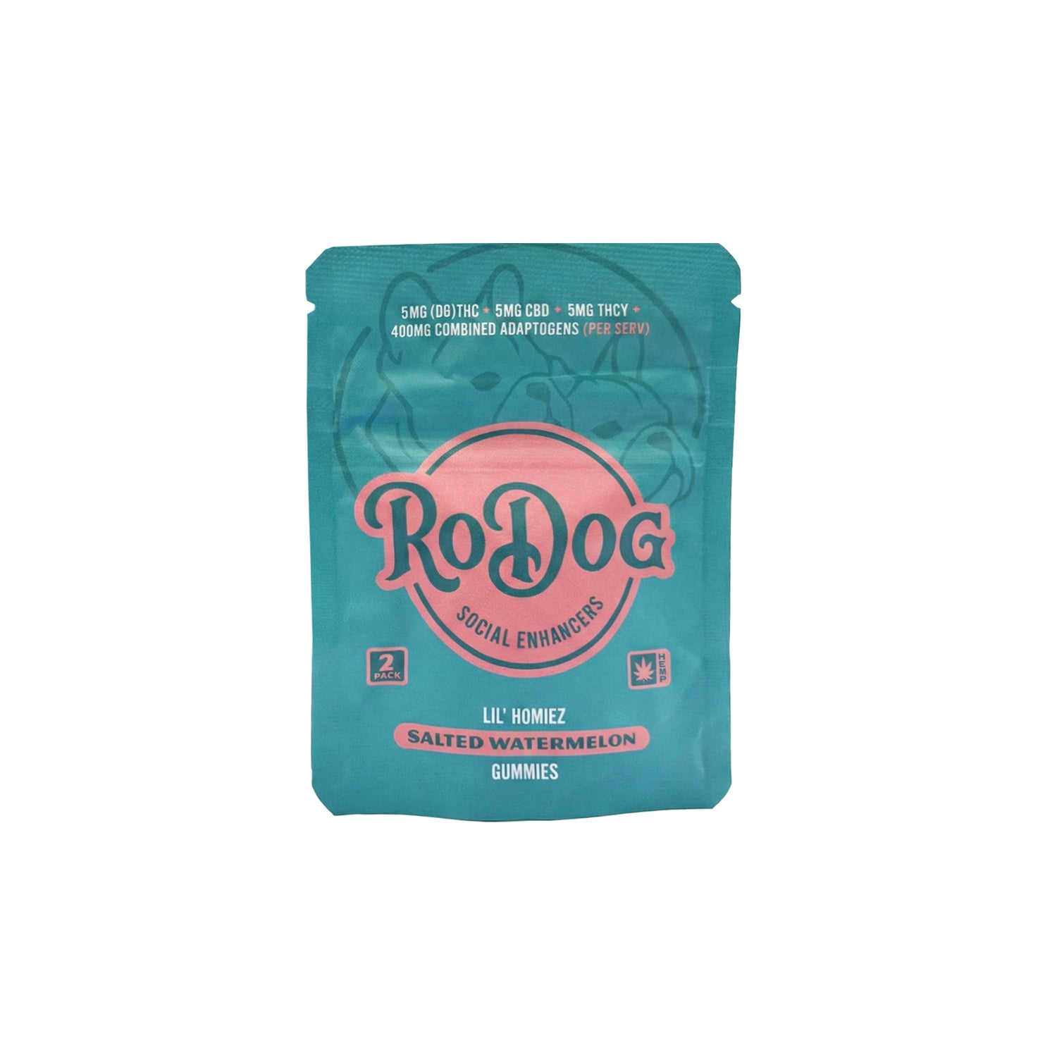 RoDog - lil Homiez Gummies - 5mg D9 THC + 5mg CBD + 5mg THCV + 400mg Combined Adaptogens - Salted Watermelon
