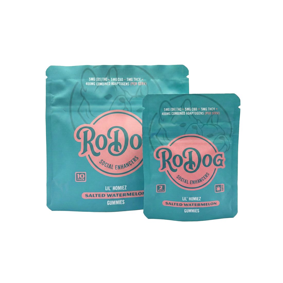RoDog - lil Homiez Gummies - 5mg D9 THC + 5mg CBD + 5mg THCV + 400mg Combined Adaptogens - Salted Watermelon