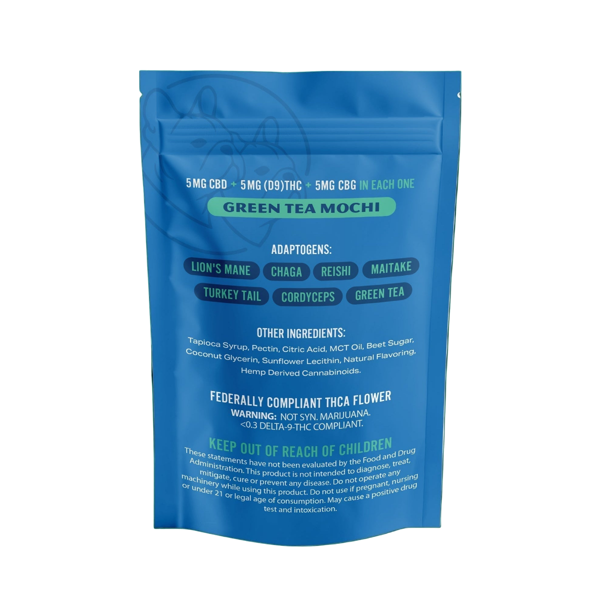 RoDog - lil Homiez Gummies - 5mg D9 THC + 5mg CBD + 5mg CBG + 400mg Combined Adaptogens - Green Tea Mochi