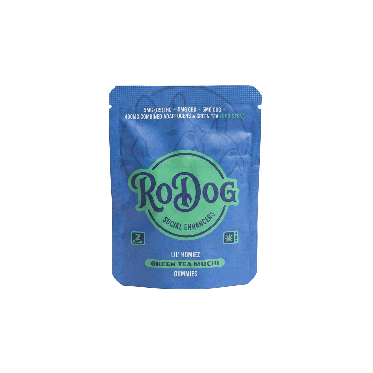 RoDog - lil Homiez Gummies - 5mg D9 THC + 5mg CBD + 5mg CBG + 400mg Combined Adaptogens - Green Tea Mochi