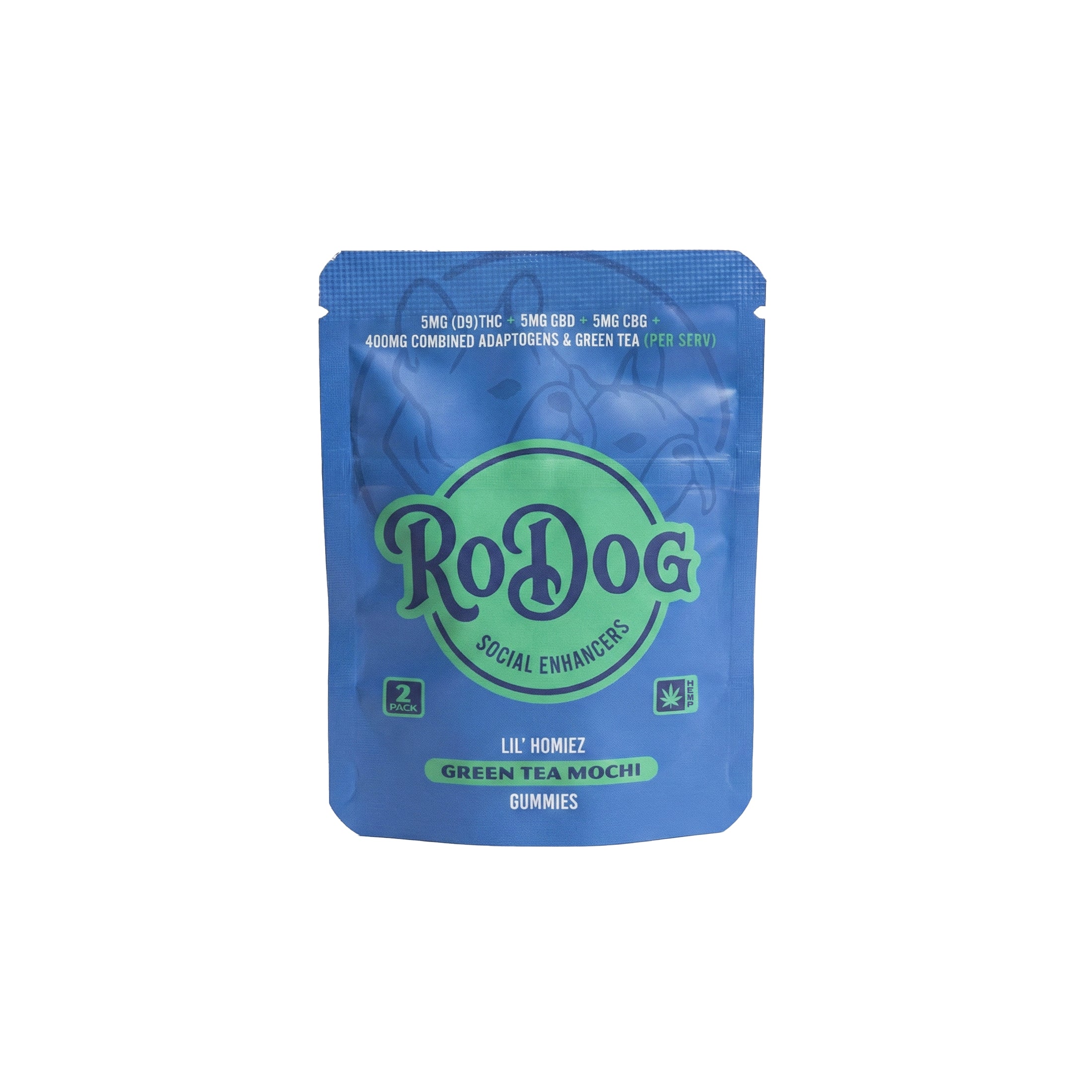RoDog - lil Homiez Gummies - 5mg D9 THC + 5mg CBD + 5mg CBG + 400mg Combined Adaptogens - Green Tea Mochi