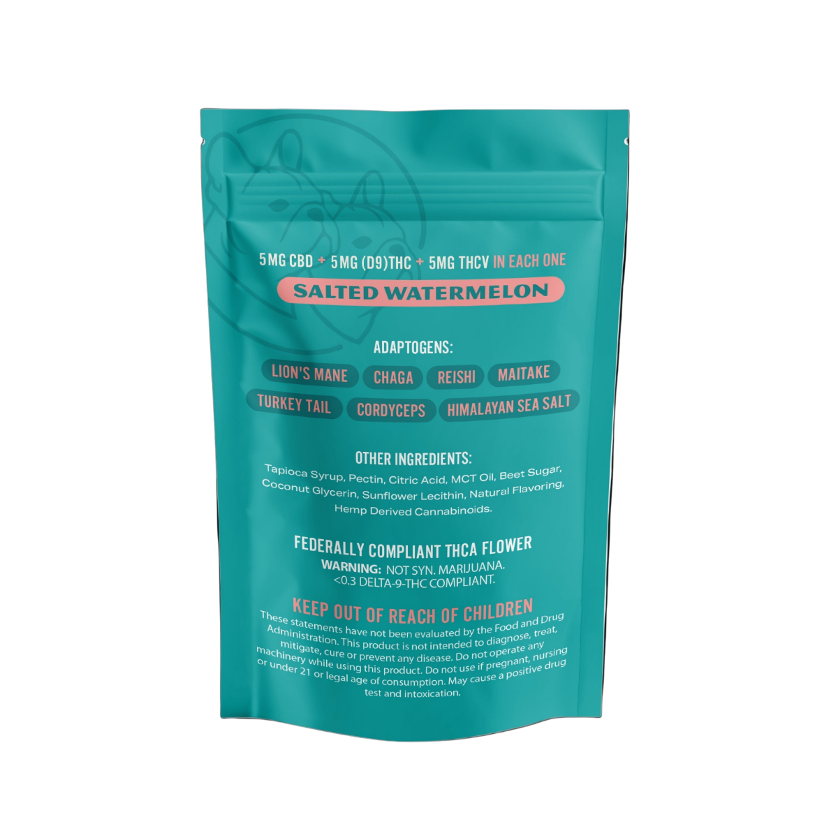 RoDog - lil Homiez Gummies - 5mg D9 THC + 5mg CBD + 5mg THCV + 400mg Combined Adaptogens - Salted Watermelon