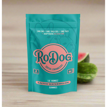 RoDog - lil Homiez Gummies - 5mg D9 THC + 5mg CBD + 5mg THCV + 400mg Combined Adaptogens - Salted Watermelon